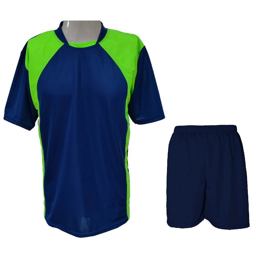 Uniforme 20+1 Camisa Azul Marinho/Verde Limão, Calção Marinho e Goleiro