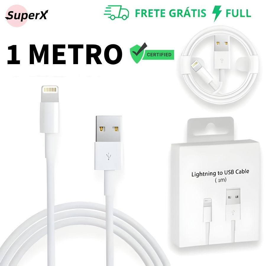 Cabo Apple Lightning para USB, compatível com iPhone 5/6/7/8/XS/XR/11/12/13/14 e iPad, 1 metro