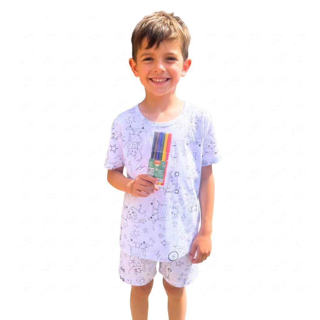 Pijama de colorir infantil desenhar para menino verão curto