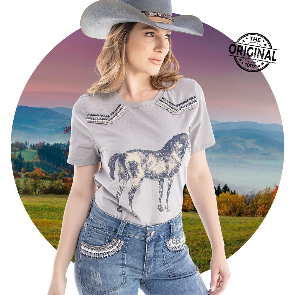 Camiseta Country Cinza Claro De Boiadeira Estampa De Cavalo com Pedraria Original Zenz Western White Horse