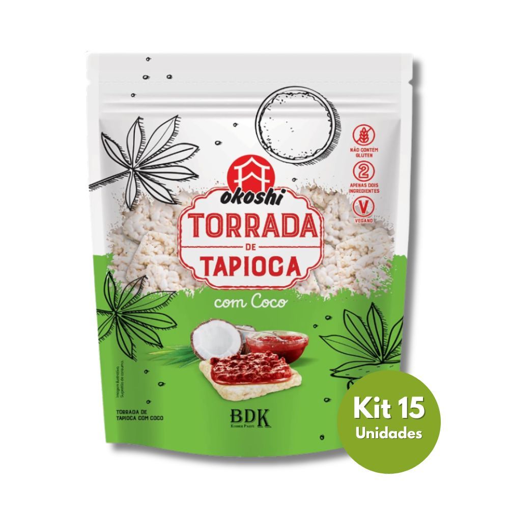 Kit 15 Unidades Torradas De Tapioca Com Coco Okoshi 75g Cada em Oferta na Shopee