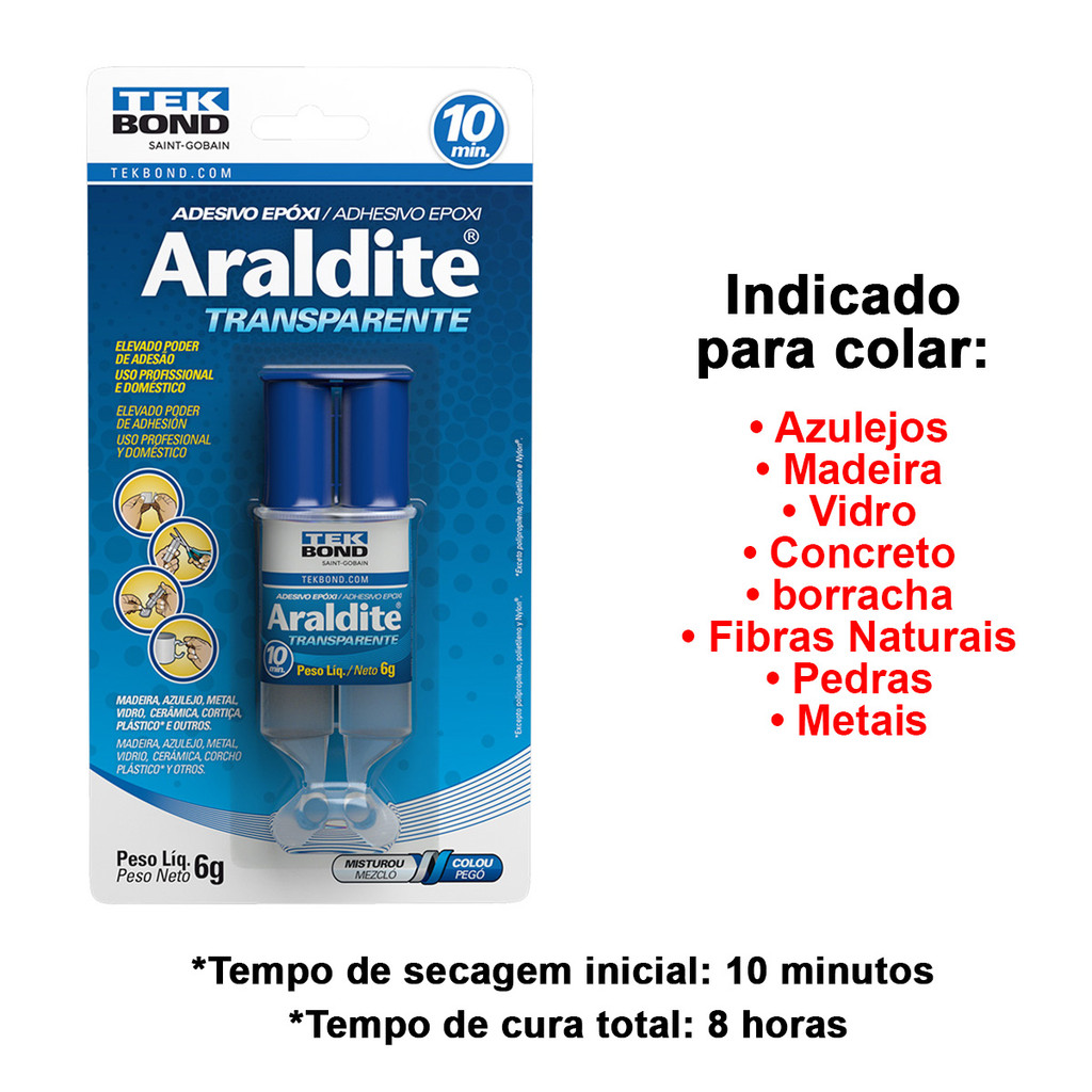 Adesivo Cola Epoxi Araldite Transparente 6G Secagem 10 Minutos Embalagem Seringa Blister