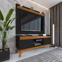 Painel Ripado Com Rack 50 Polegadas 136cm Monaco - Preto E Cedro