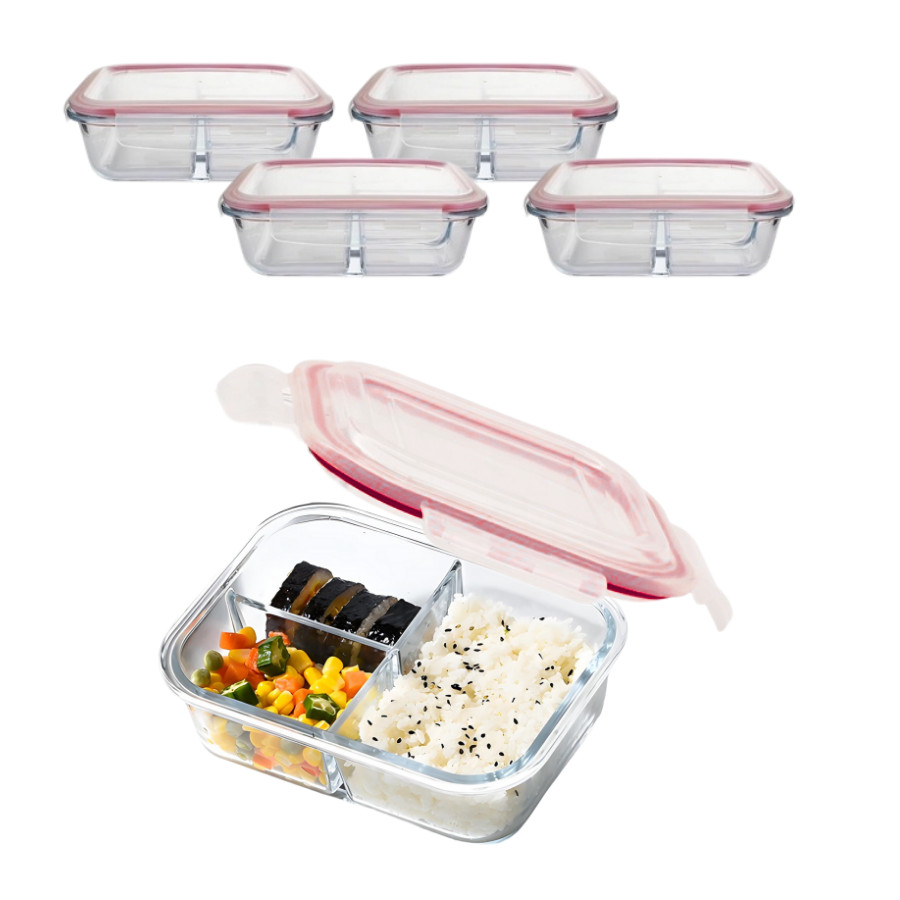 Kit 6 Potes De Vidro 1410ml 3 Divisórias Hermético Marmita Fit Com Trava em Oferta na Shopee