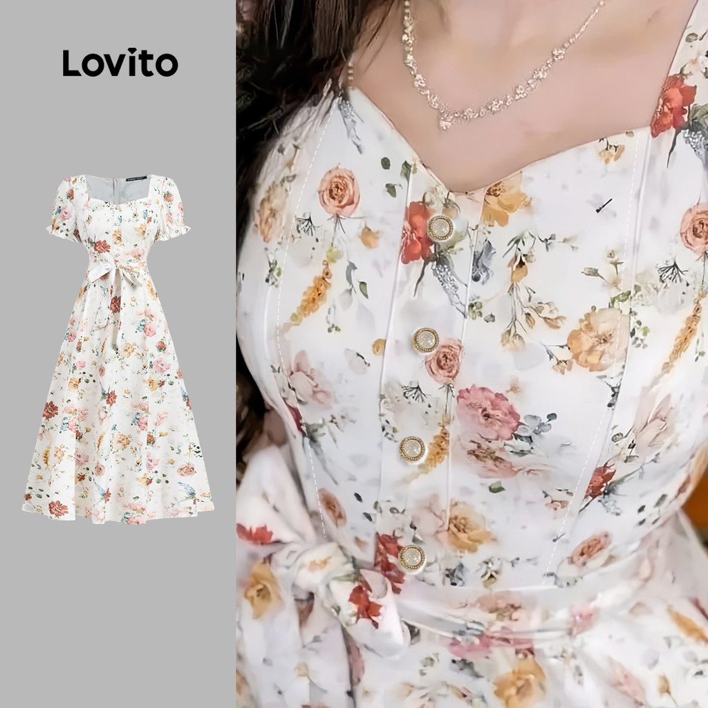 Lovito Vestido Romântico de Renda com Botões Na Frente para Primavera/verão para mulheres L154ED1169