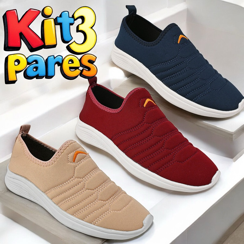 Kit 3 Pares, Tenis Calce Facil Adulto Feminino Confortável Leve Estiloso