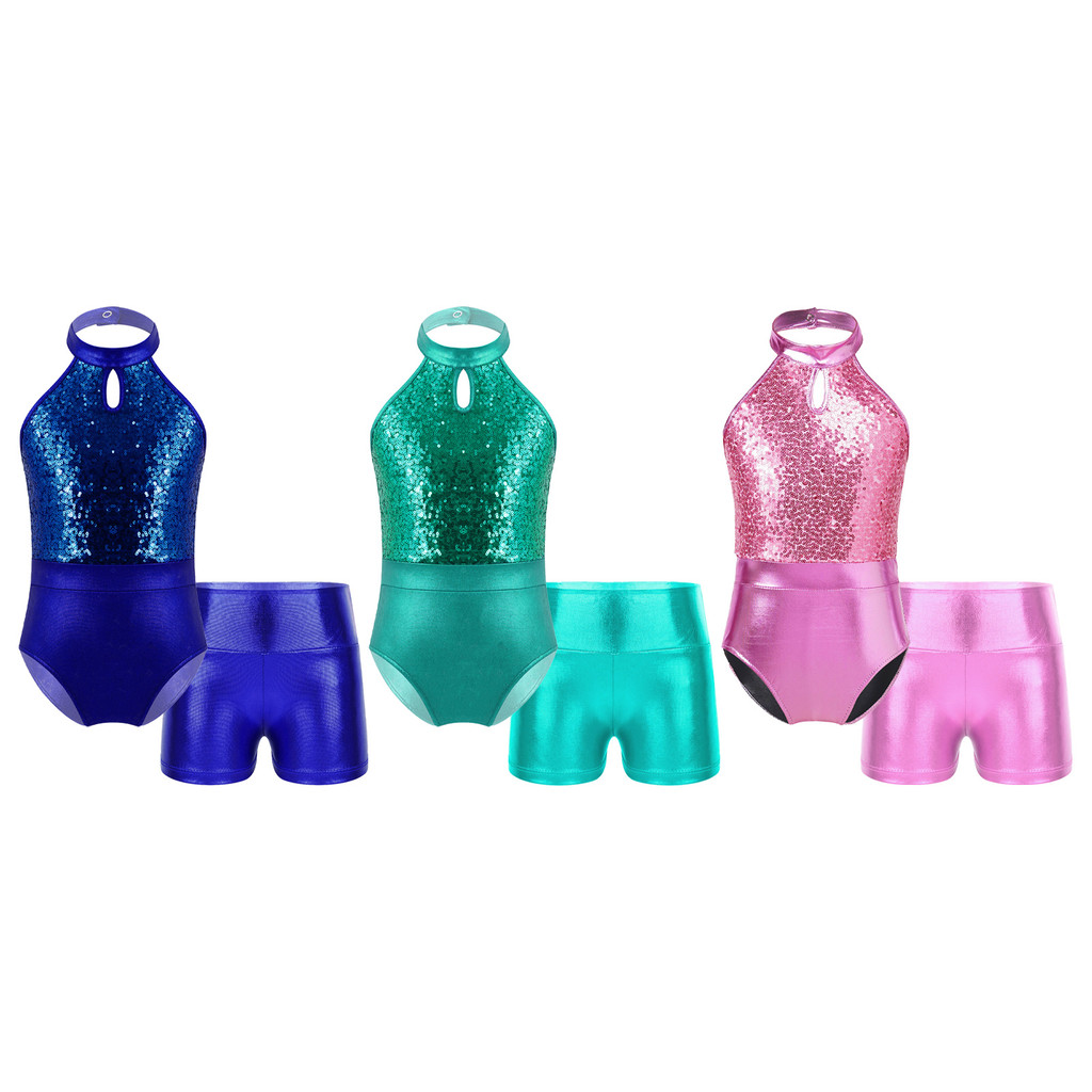 Yeahdor Crianças Meninas Sem Mangas Halter Espumante Lantejoulas Retalhos Collant Com Shorts Metálicos De Cintura Alta P