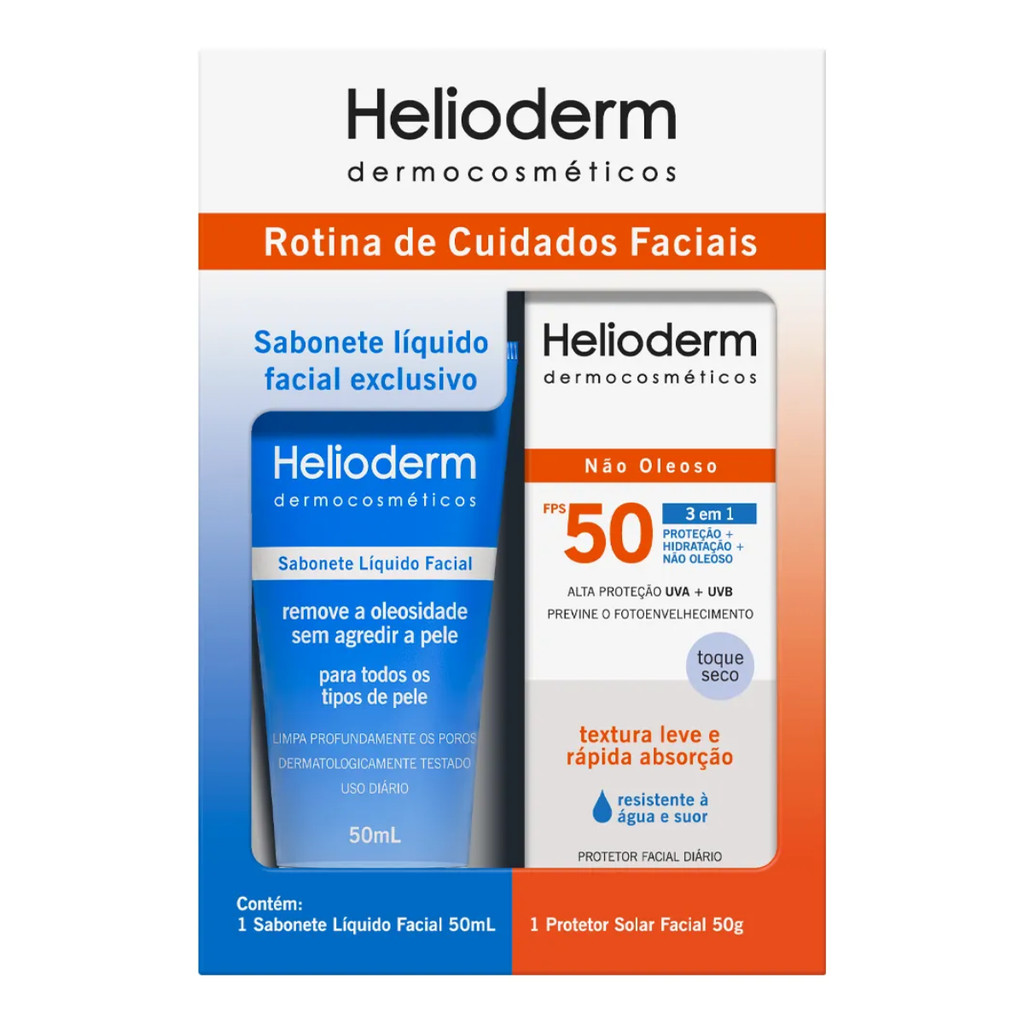 Kit Helioderm Protetor Facial FPS50 - 50g + Sabonete Líquido Facial 50ml em Oferta na Shopee