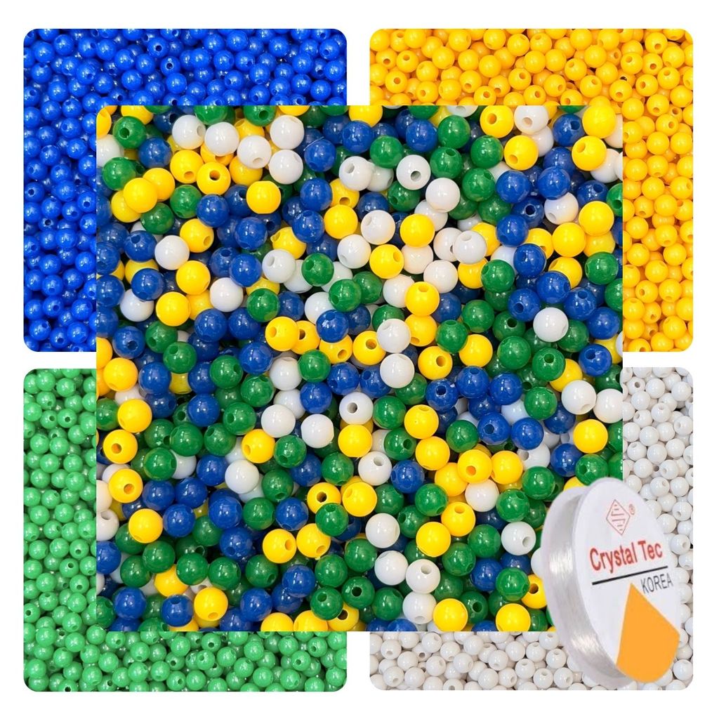 Kit 500 Bolinhas 6mm Cores do Brasil Miçangas Verde Amarelo Azul Branco + Fio de Silicone Artesanato em Oferta na Shopee