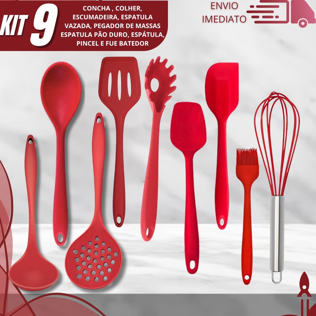 Kit 9 Utensílios De Silicone Para Cozinha Com Espátula Concha Colher Fouet Escumadeira Pegador Para Natal