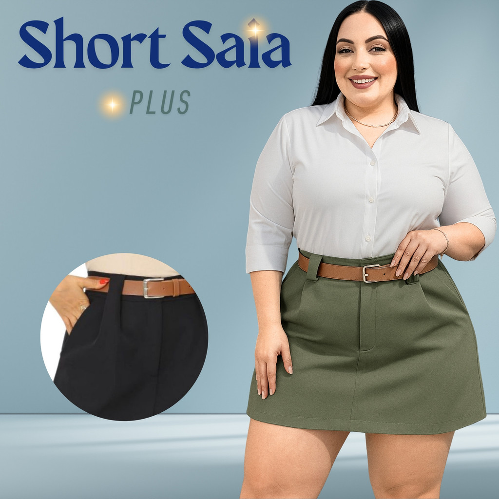 Short Saia Cinza Com Cinto Feminina Plus- Para Sua Melhor Ocasião em Oferta na Shopee
