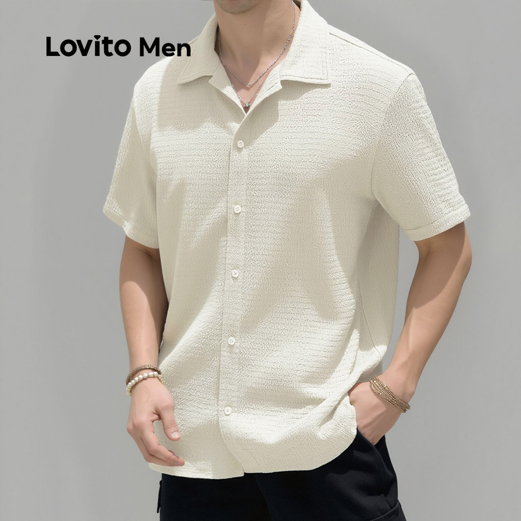 Lovito Men Camisa Casual de Botão com Frisos para Primavera/verão Cor Cáqui Claro para homens LNE118080 em Oferta na Shopee