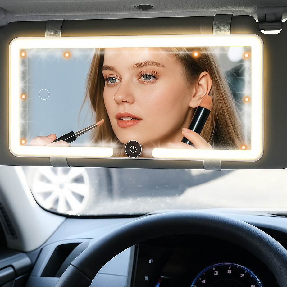 Espelho De Maquiagem LED Para Carro Com 3 Modos Recarregável Touch Luz Viseira Solar MegaImport