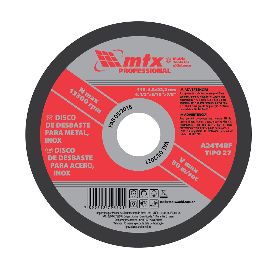 DISCO DE DESBASTE, PARA METAL, 115 X 4,8 X 22,23MM, 1PC // MTX em Oferta na Shopee