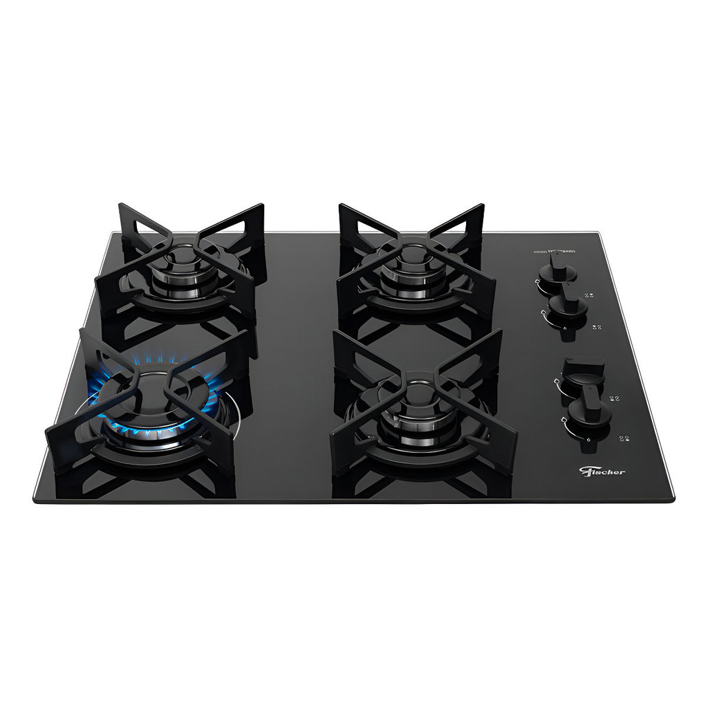 Cooktop a Gás Fischer 4 Bocas Fit Line Vidro Preto Bivolt Trempe Ferro Acendimento Automático