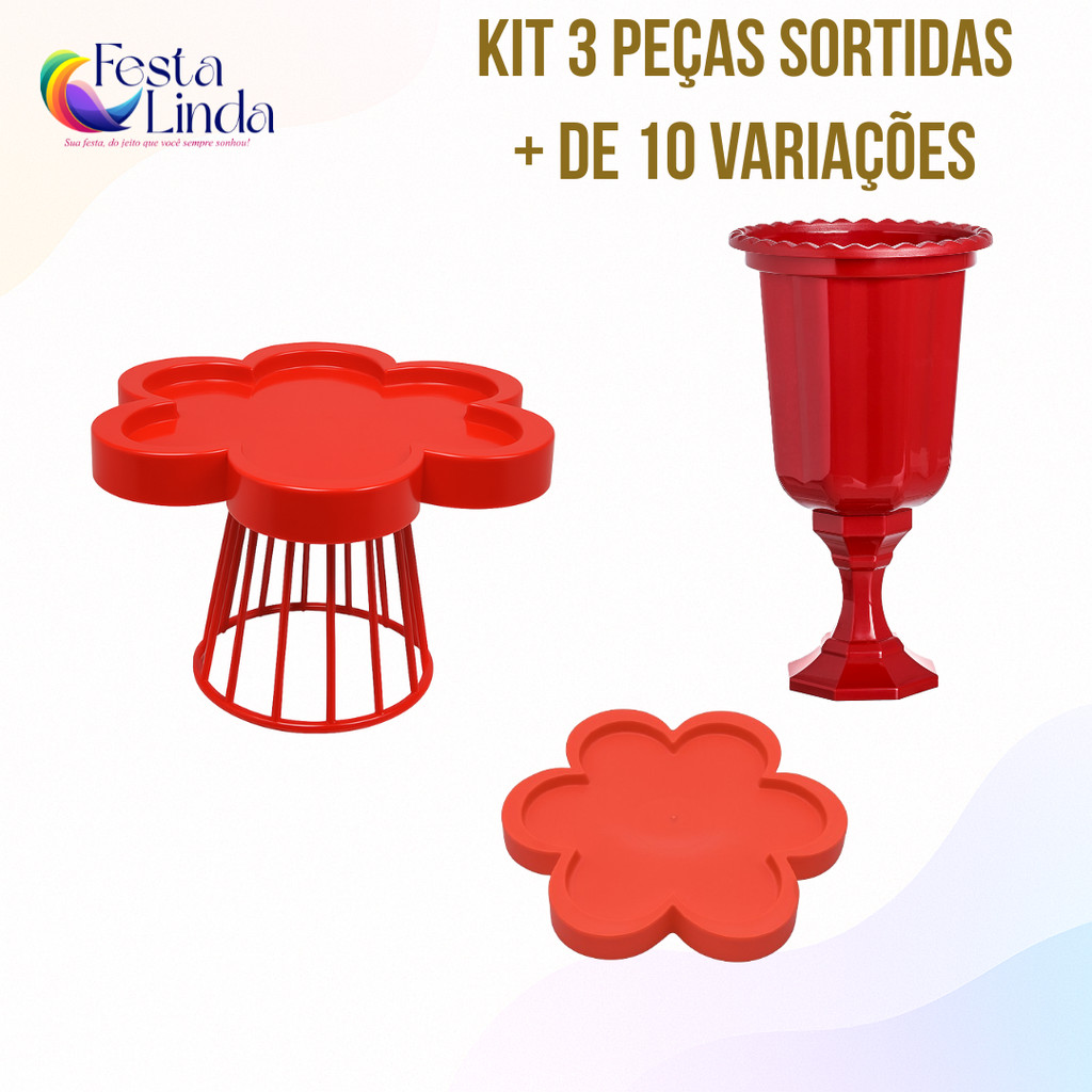 Kit Festa Decoração - 1 Porta Doce, 1 Vaso Grego 23cm, 1 Bandeja Flor 25cm