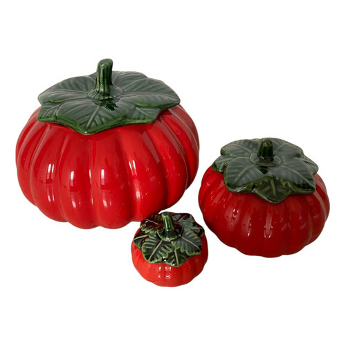 Trio Molheira Moranga Com Tampa Cerâmica Para Caldos Vermelho