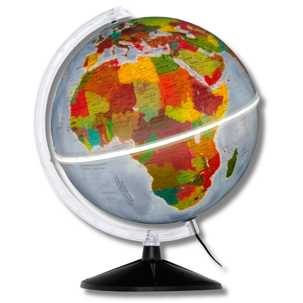 Globo Terrestre Mondo Fisico/Politico c/ Luz Led - 30cm Diâmetro e 43cm Altura