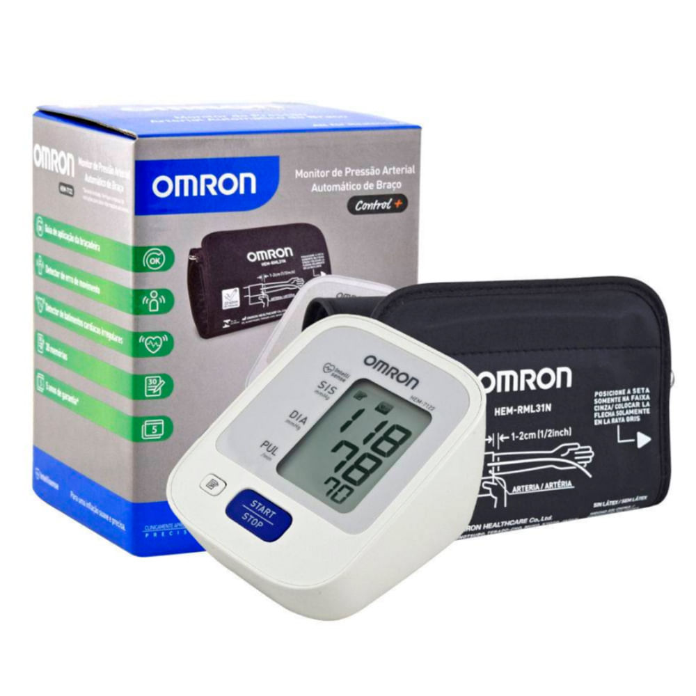 Detalhes do Aparelho de Pressão Omron Automático Braço Control+ HEM 7122 com 1 Unidade