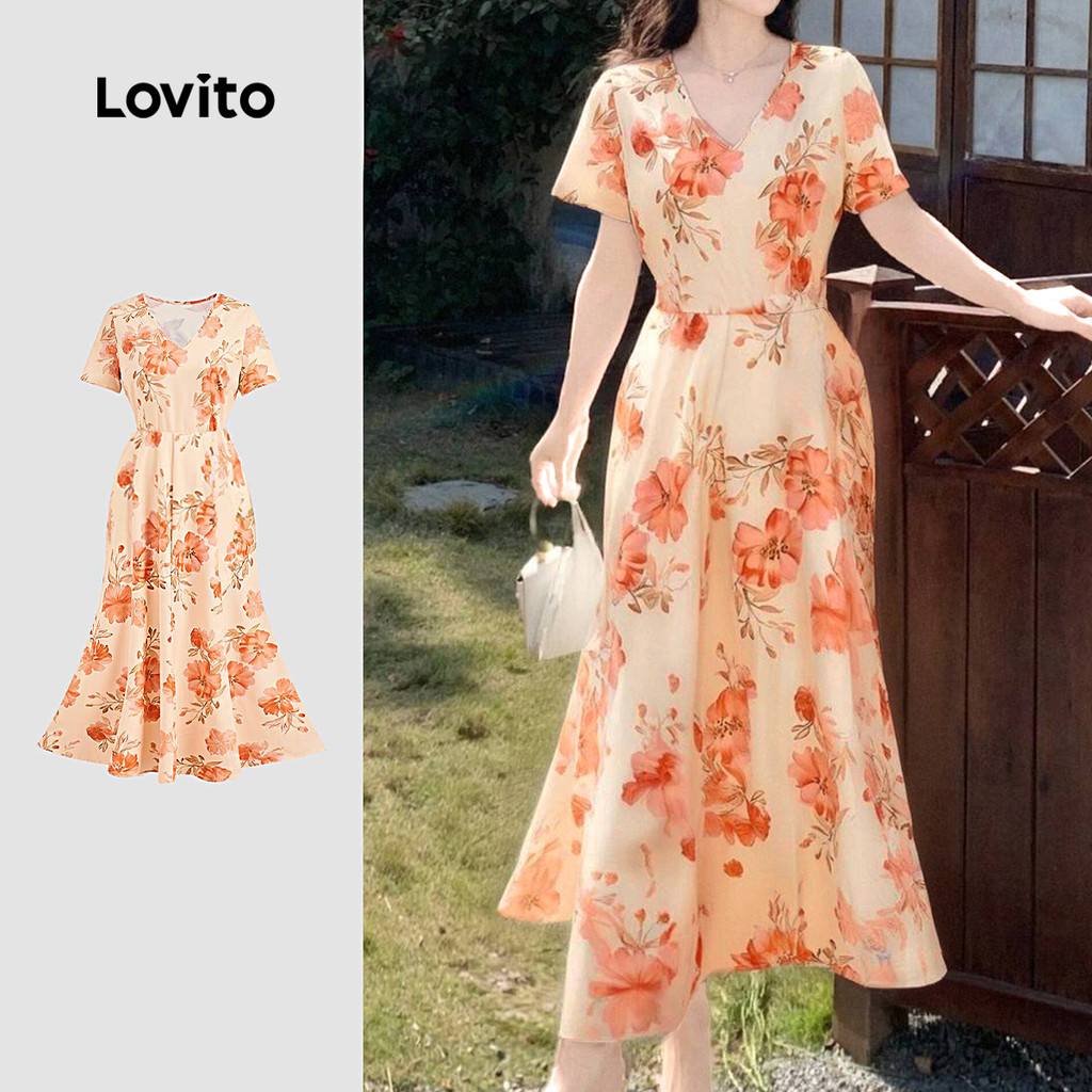 Lovito Estrutura Elegante de Vestido Estilo Resort Primavera/verão Vestido Laranja L142LD695