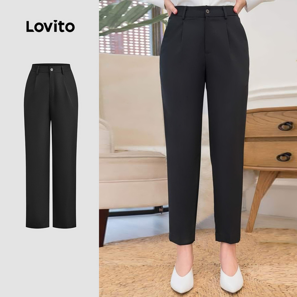 Lovito Calças Elegantes com Botão  Zíper  Primavera/verão  Calças Pretas para Mulheres L142LD264 em Oferta na Shopee