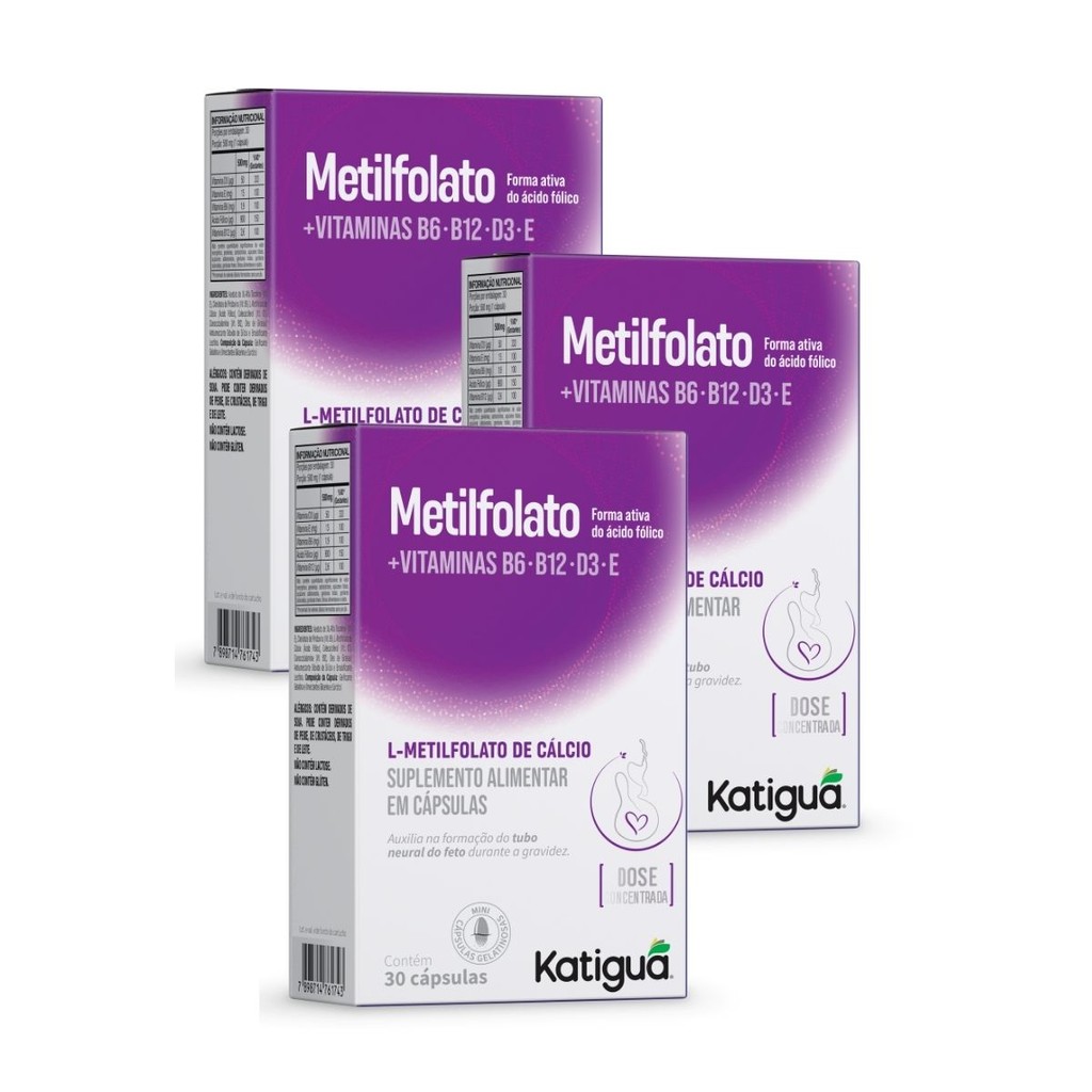 Kit com 3 ,2 ou 1 Metilfolato+Vitamina D3+Vitamina B12+Vitamina B6+Ácido Fólico+Vitamina E 500mg 30Cápsulas