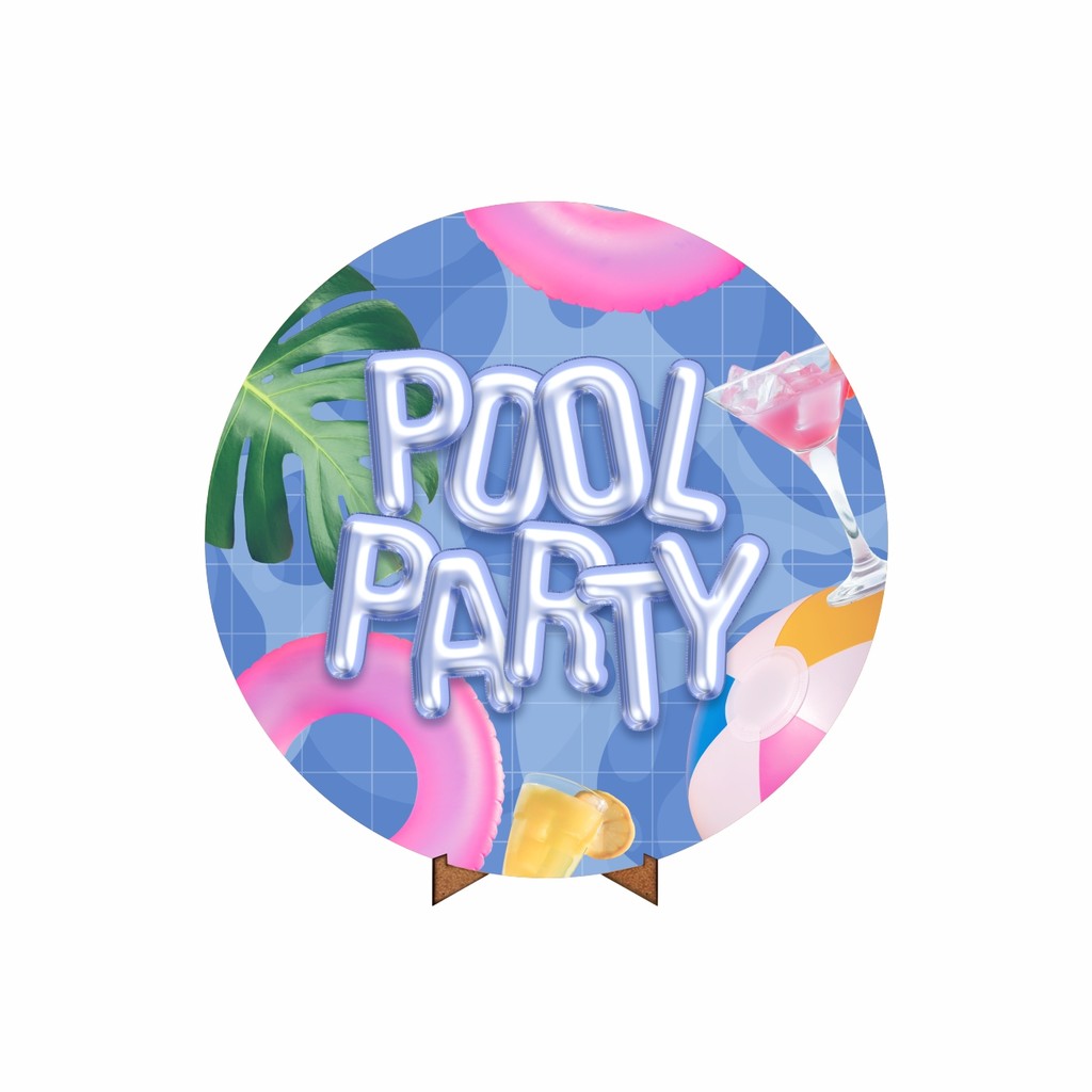 Painel De Festa Redondo Decorativo Pool Party Em Tecido 3D Com Suporte MDF 50cm x 50cm