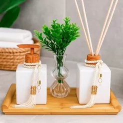 Kit Lavabo Cubo Branco com Bandeja Bambu, Difusor Amadeirado e Saboneteira