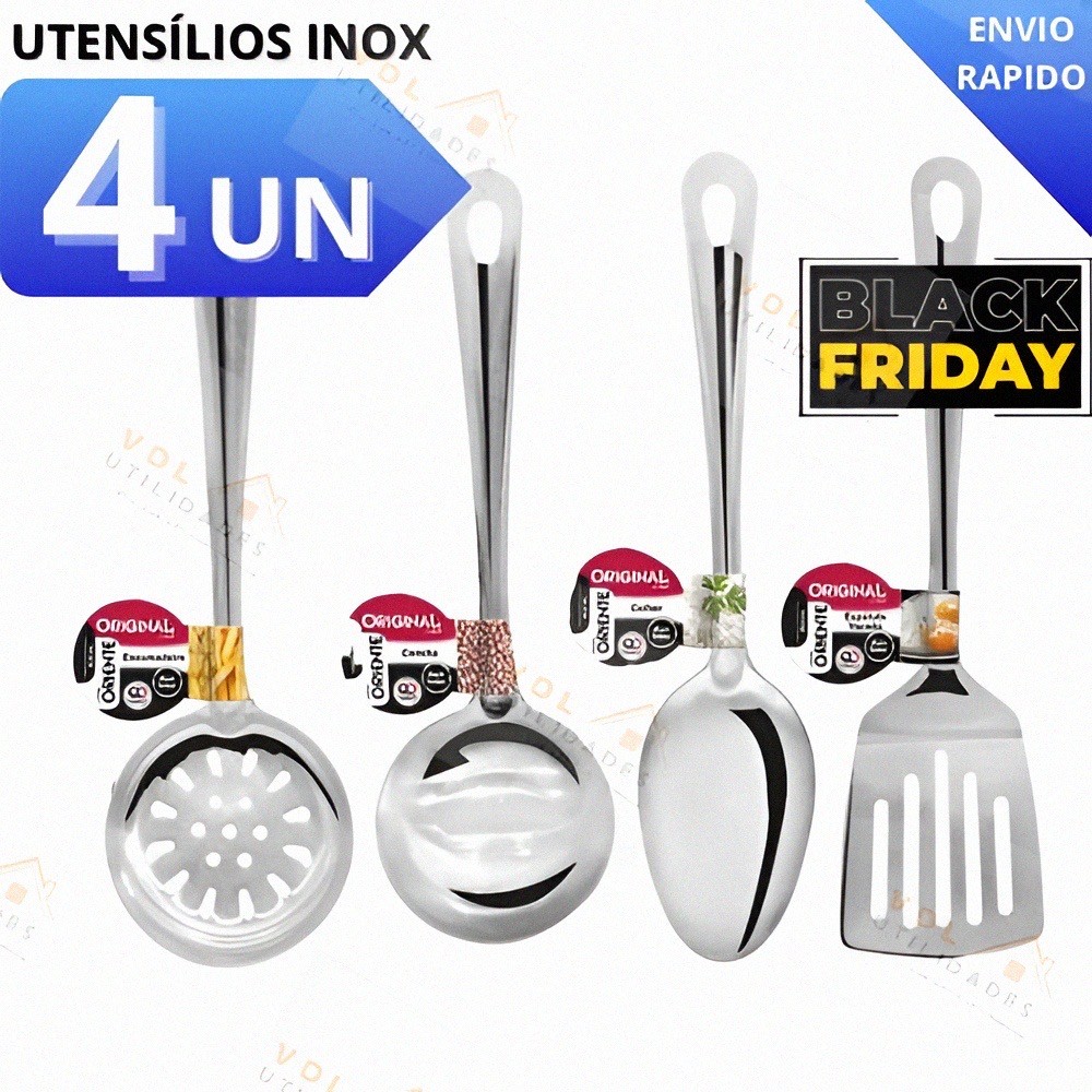 Utilidades Cozinha INOX Kit 4 Pçs Colher Arroz Concha Escumadeira Espátula Louça Servir Restaurante