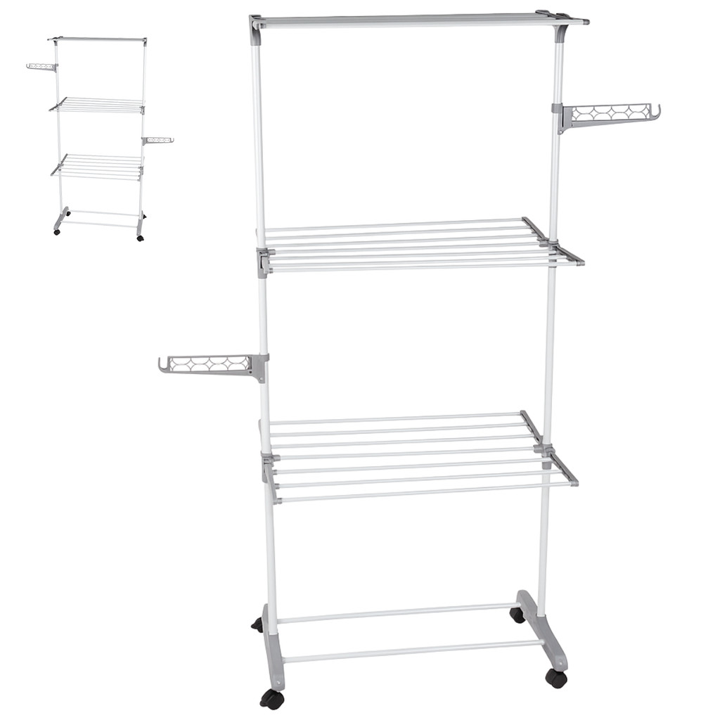 VARAL CHÃO  DOBRAVEL 3 ANDARES  LAVANDERIA ORGANIZADOR MULTIFUNCIONAL INOX CINZA E BRANCO 160CM CASA