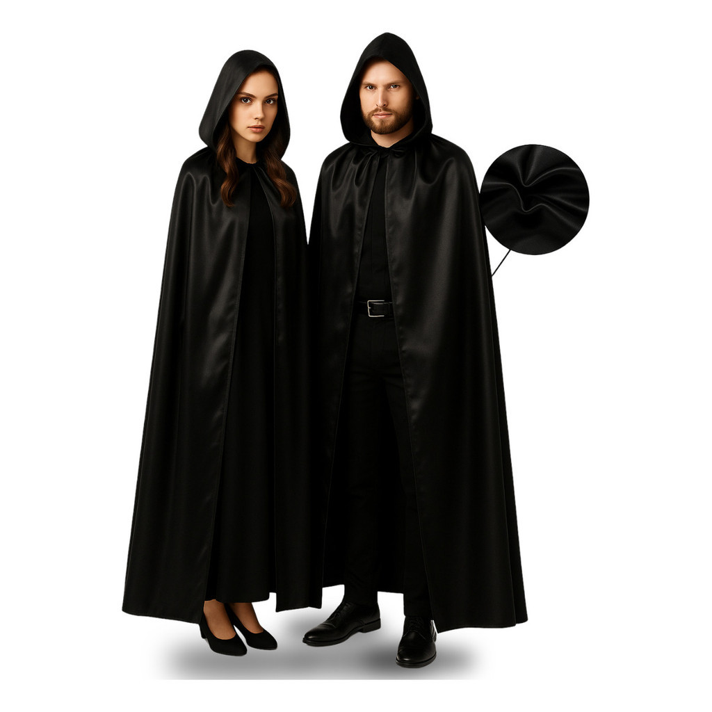Capa Capuz Preta Fantasia Cetim Adulto 140cm Festa Halloween Vampiro Morte Fantasia Cosplay Dracula Bruxa