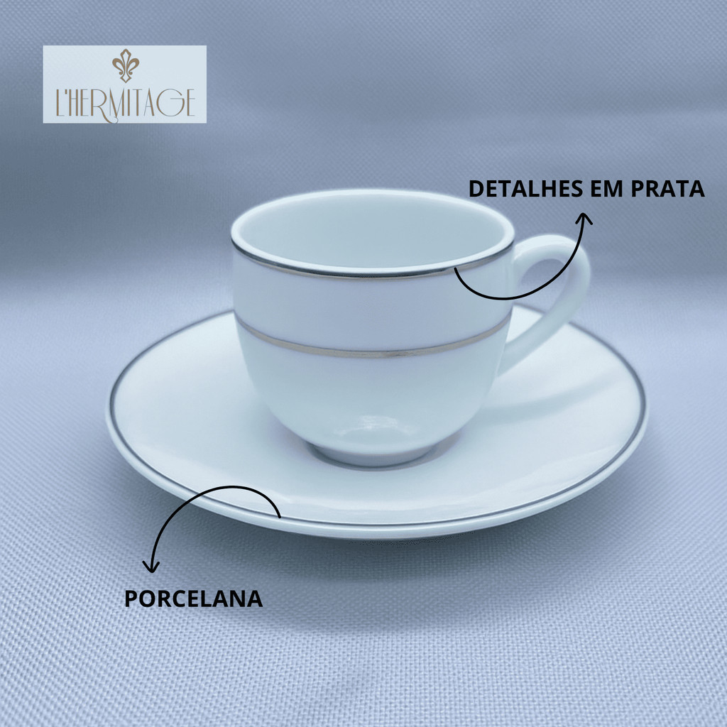 Jogo Xicaras De Café Com Pires 90ml Kit 4 Peças Borda Prata Porcelana Majesty Silver Luxo — imagem 2 de 2