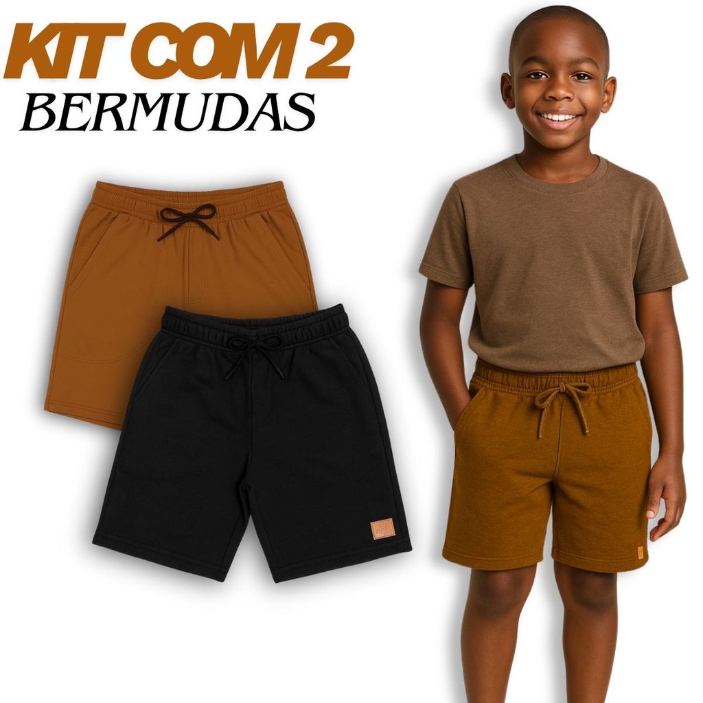 Kit com 2 Bermudas Infantil Masculino com Bolsos | Moletom Leve 100% Algodão | Tamanhos 4 ao 16