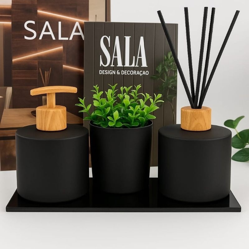 Kit Banheiro Preto Fosco Porta Sabonete Aromatizador Copo  - Bandeja Retangular