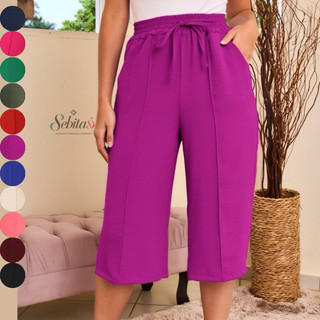 PANTACOUR Feminino Liso Tecido Duna Calça Com Bolso até Canela Verão