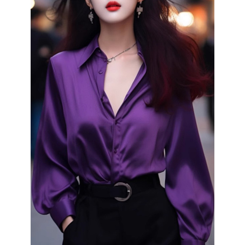 High-End roxo escuro cetim camisa feminina primavera verão luz estilo de luxo local de trabalho elegante camisa francês