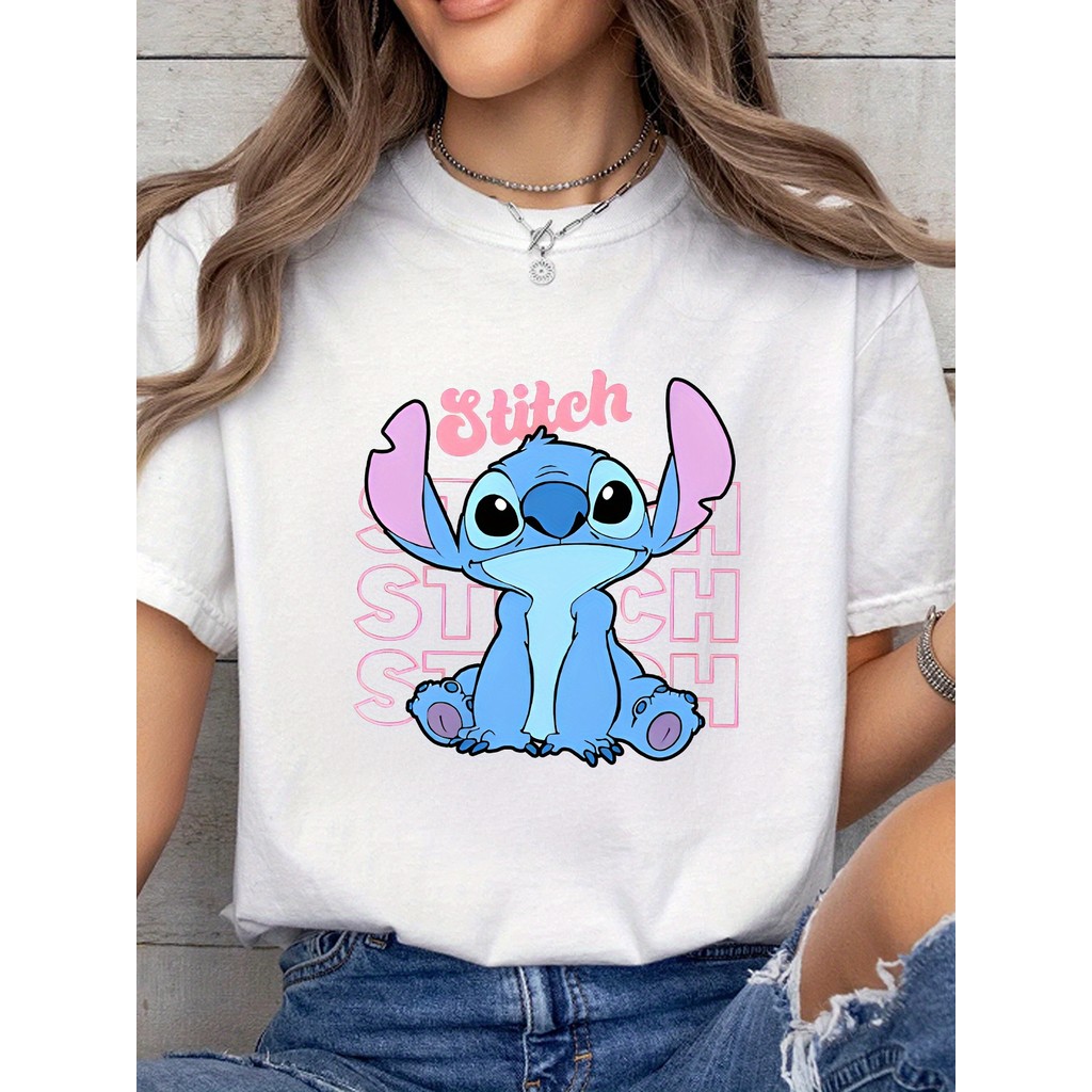 BR Moonlight Camiseta Feminina Stitch Estampa Rosa Azul Personagem Licenciada Confortável Fofa Divertida Moda Verão