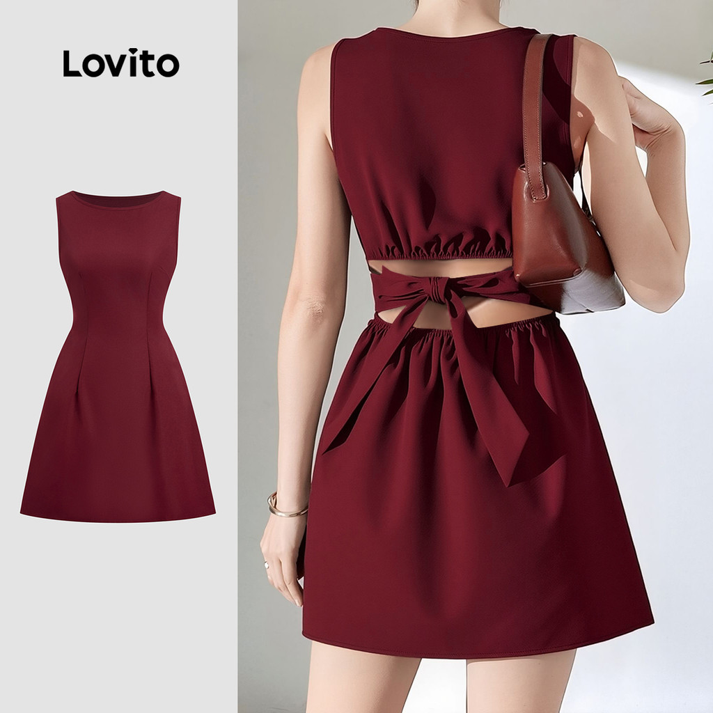 Lovito Vestido Casual com Laço Nas Costas Primavera/verão Cor de Borgonha para Mulheres L158ED326 em Oferta na Shopee