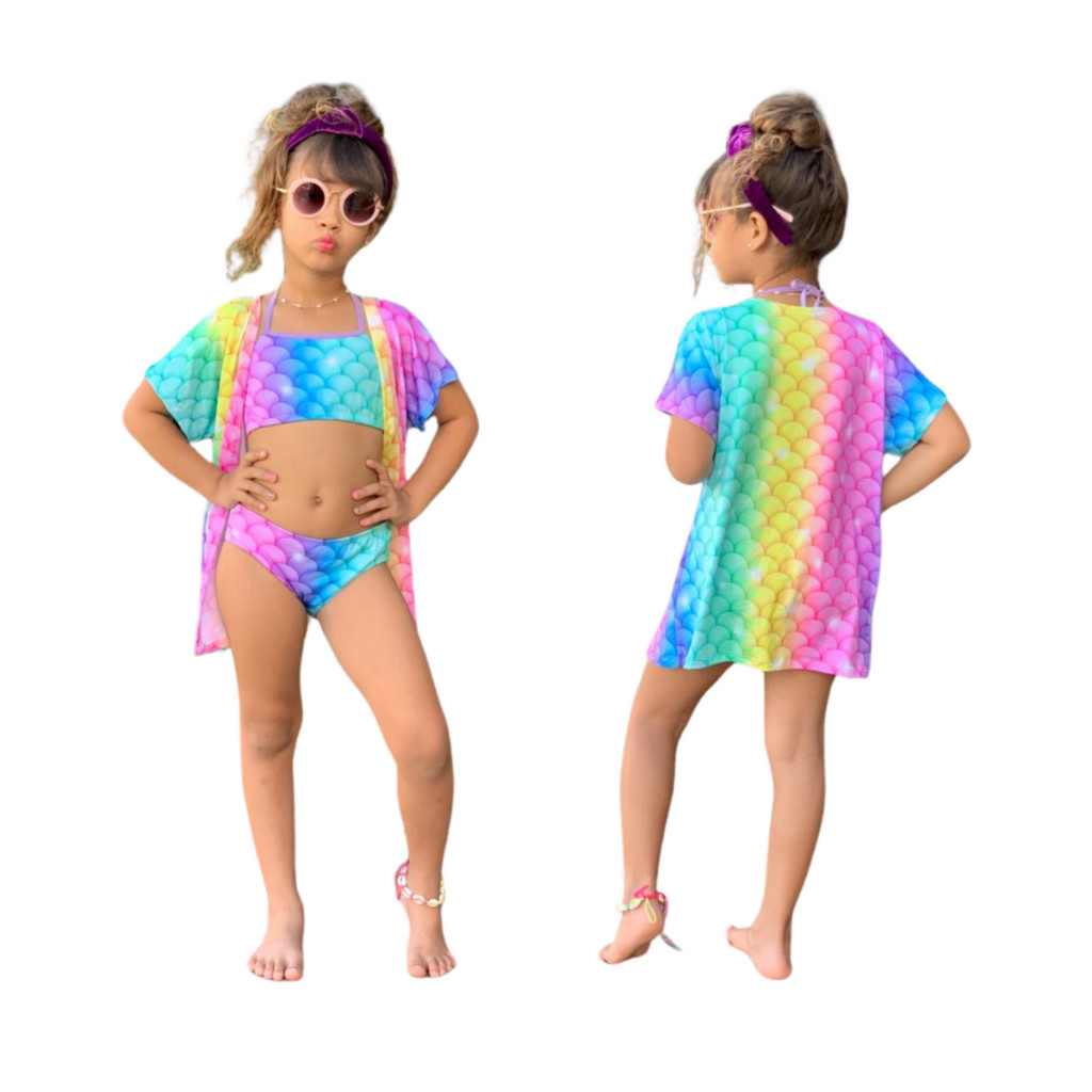 Biquíni Infantil Juvenil + Saída De Praia Kimono Proteção Uv