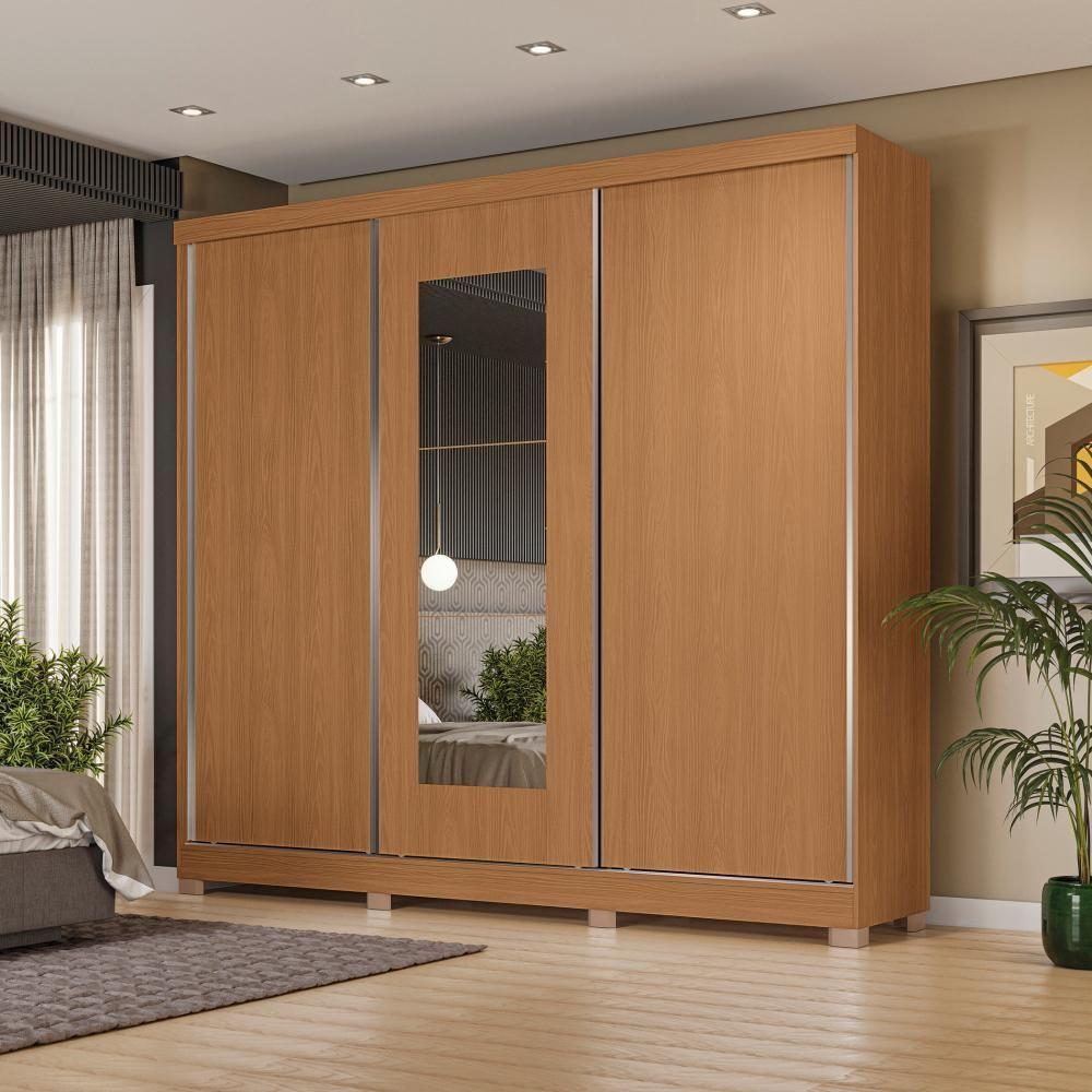Guarda-Roupa Casal Kappesberg Com 3 Portas de Correr Reversíveis, 3 Espelhos e 4 Gavetas - Canela