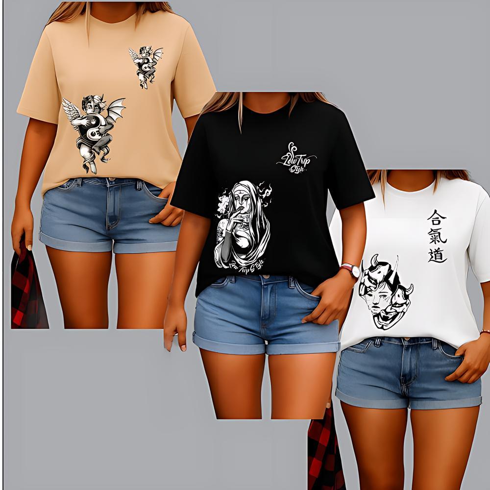 Kit 3 Camiseta Feminina Algodão Premium Adulto Plus Size Infantil Streetwear Over Carranca Freira Anjo Ying Yang Lateral
