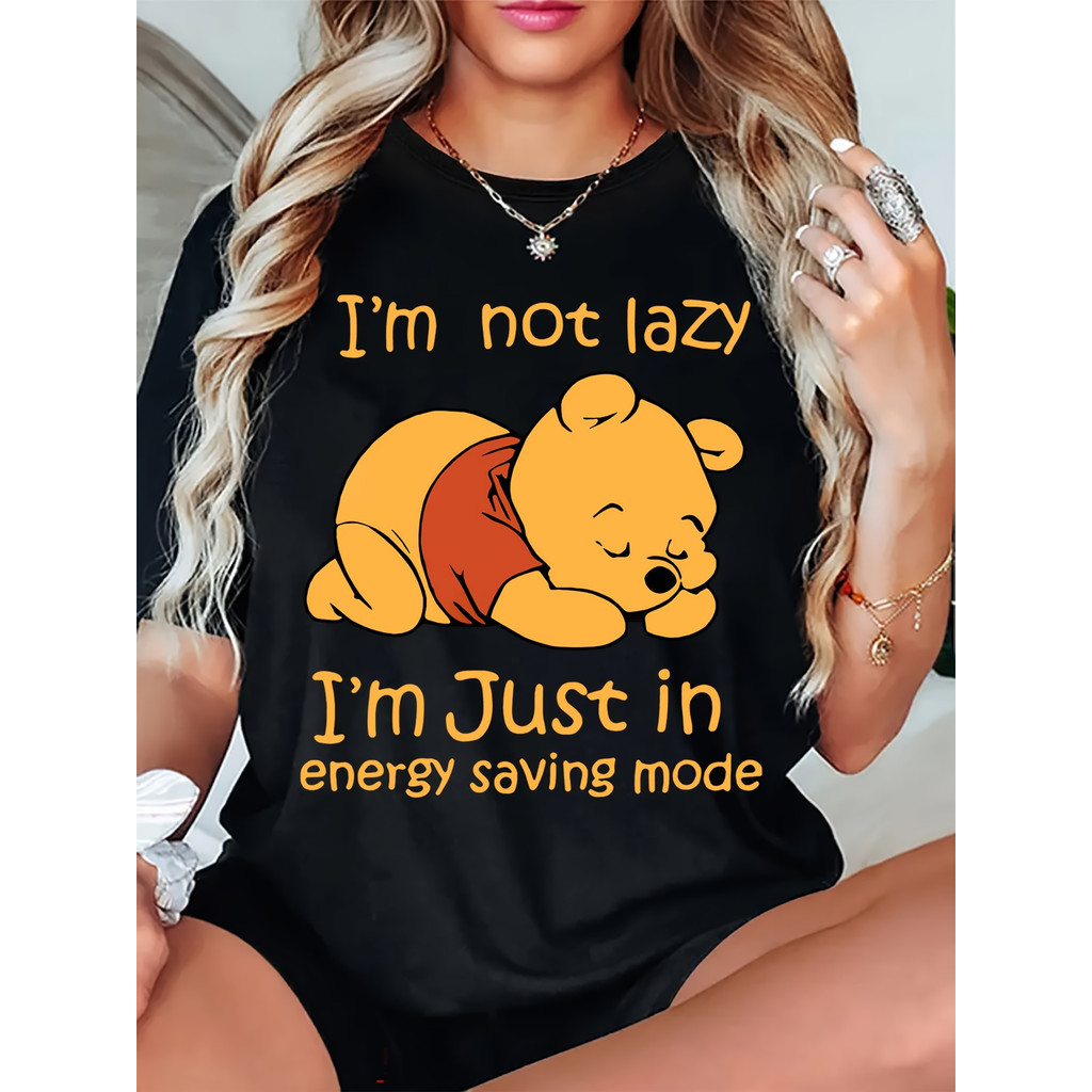 BR Moonlight Camiseta Feminina Disney Winnie Pooh "I'm Not Lazy" Urso Dormindo Divertida Confortável Solta Estilosa Moda