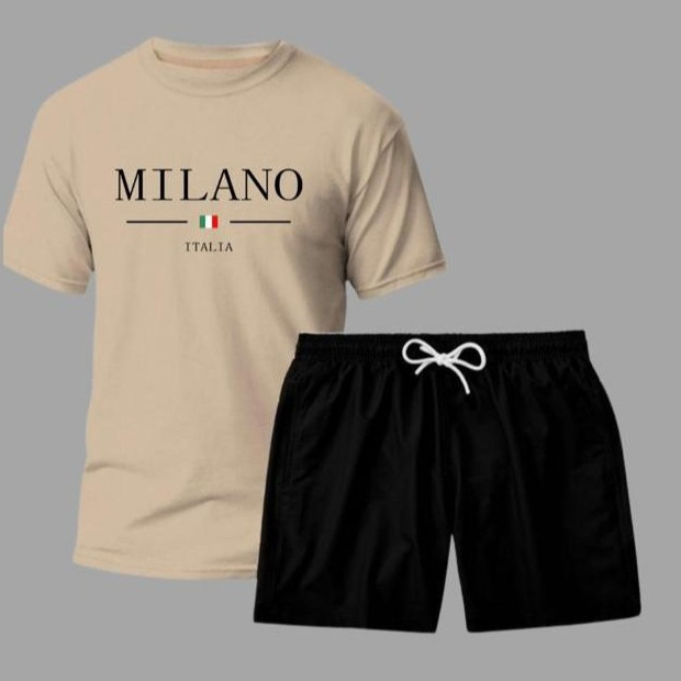 Kit Conjunto Camiseta camiseta Masculina 100% Algodão Milano Itália  + Shorts Tactel Estiloso Verão