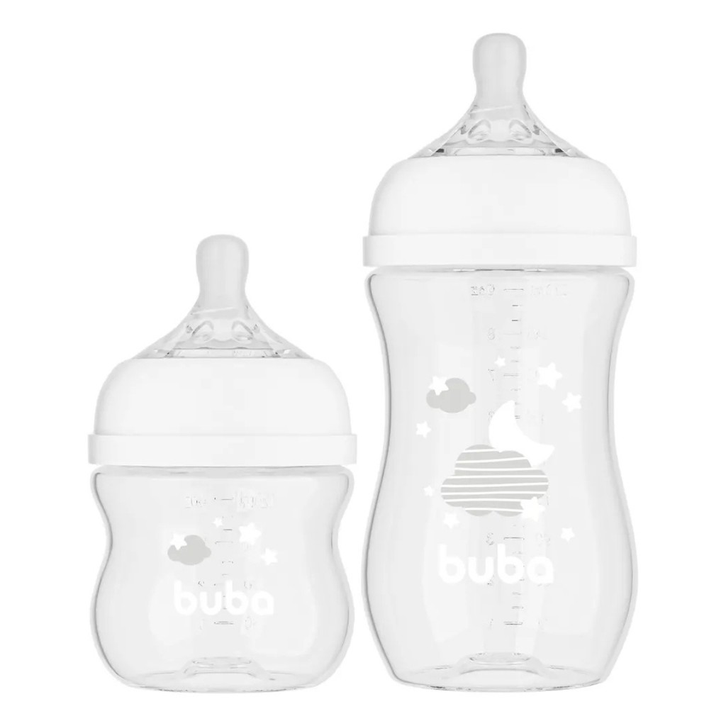 Detalhes do Kit 2 Mamadeiras Buba Easy Flow Branco 270 E 120 Ml