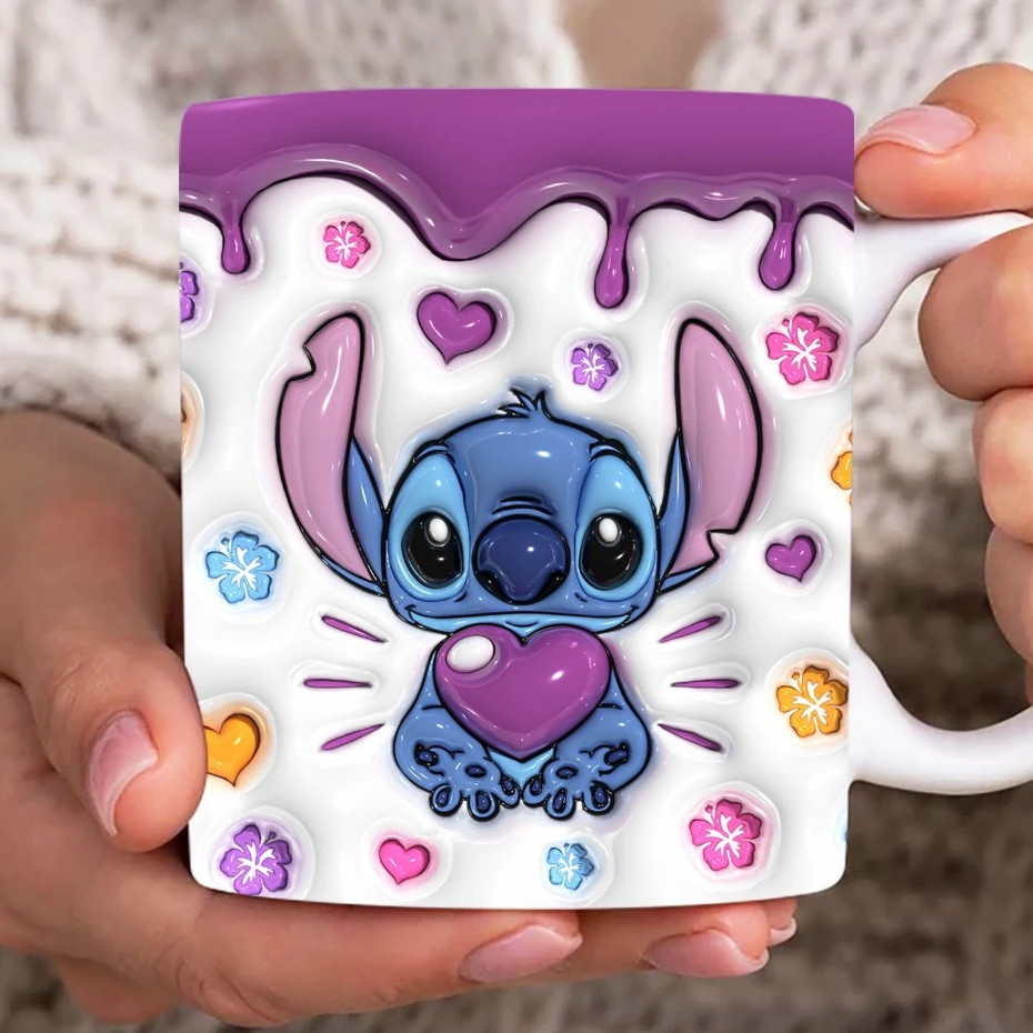 Caneca Xícara Personalizada Lilo e Stitch Disney Efeito 3D Porcelana 325ml Presente
