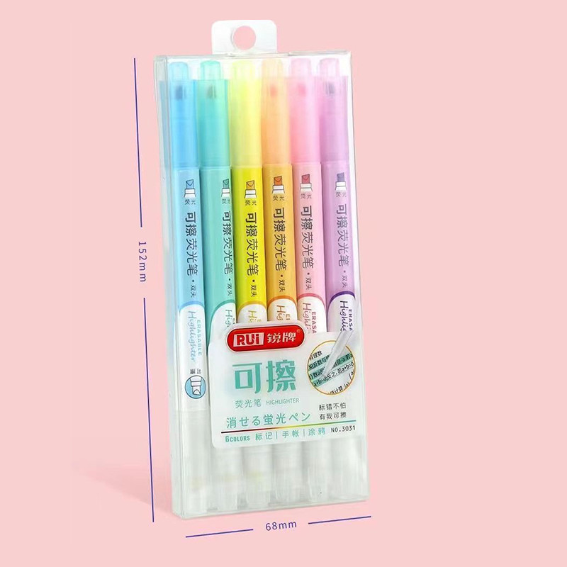 ​Kit 6 Canetas Marca Texto Apagável com Cores Suaves Vibrantes para Papelaria Criativa Escolar Fofo​