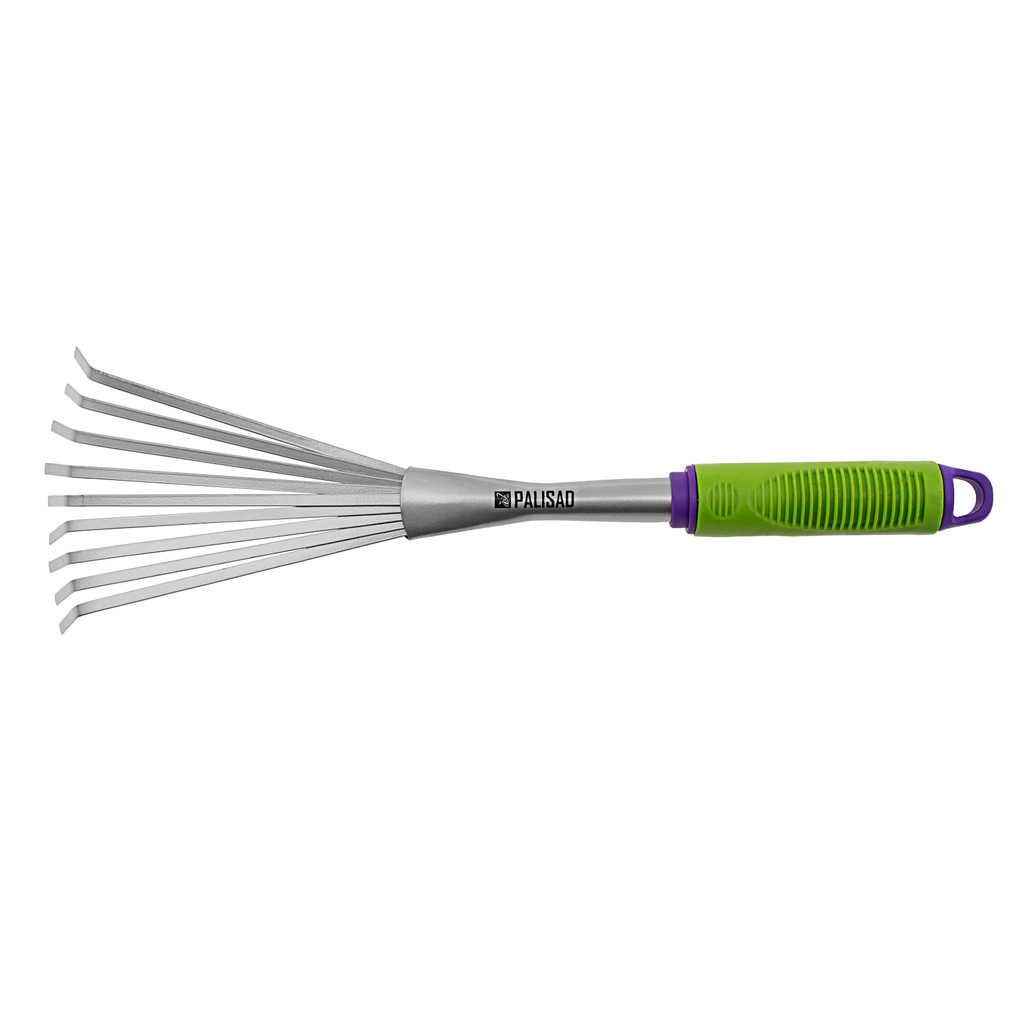 VASSOURA PARA GRAMA E JARDIM METALICA FIXA, 130X420MM, 9 DENTES, CABO EMBORRACHADO, 1 PC // PALISAD