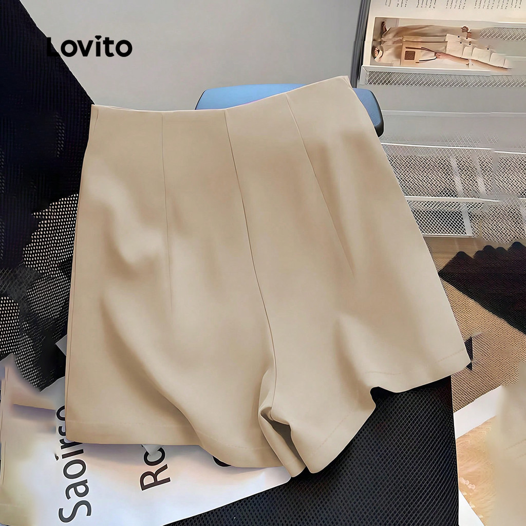 Detalhes do Lovito Shorts Elegantes com Zíper Linha Simples Primavera/verão Shorts Caqui para Mulheres L138ED245