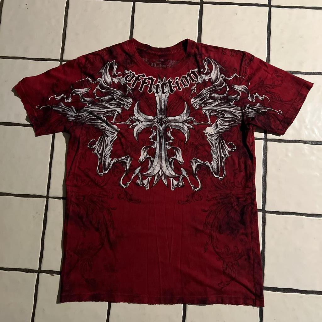 90s Vermelho Afliction Masculino Americano Retro Algodão Em Torno Do Pescoço Lavado Camisa Hip Hop Casal Verão Especiais em Oferta na Shopee