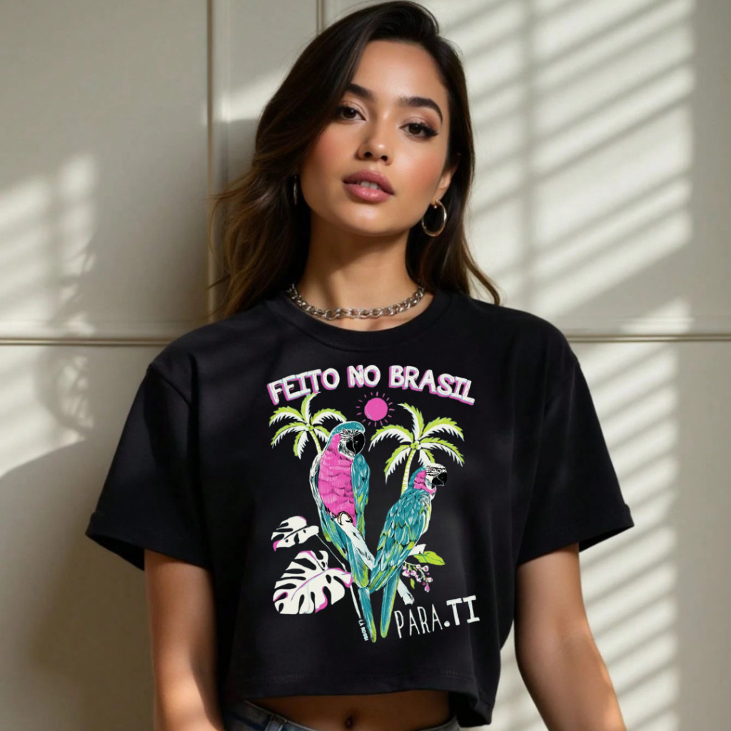 Cropped Oversized Feminino Algodão Preta Estampa 100%  –  Farm Rio Moda inspiração Estampado Tropical Verão
